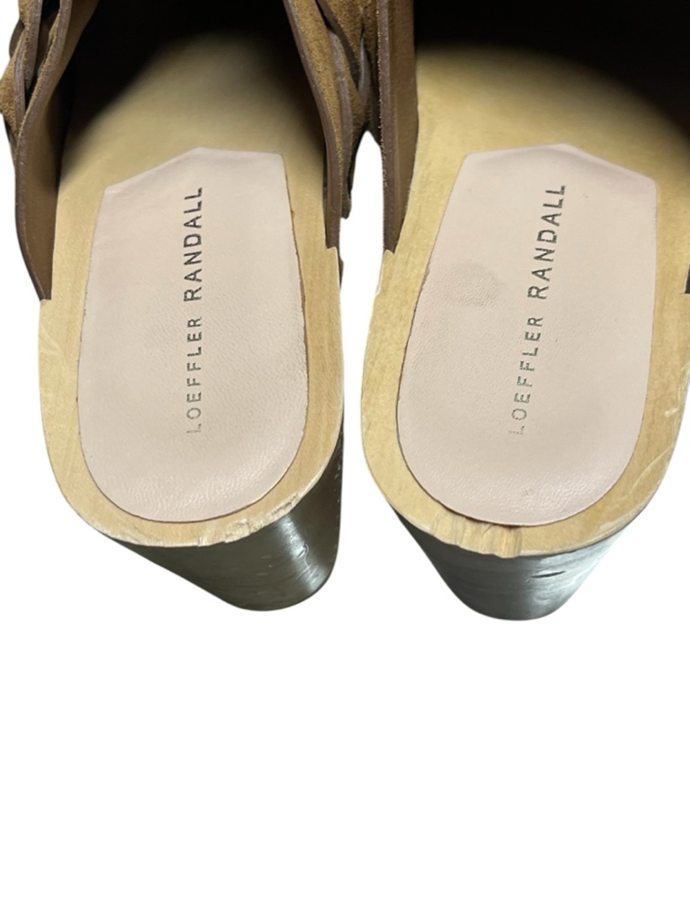 Loeffler Randall Merrill brown suede braided strap gold stud wooden clogs luxury - Picture 10 of 12